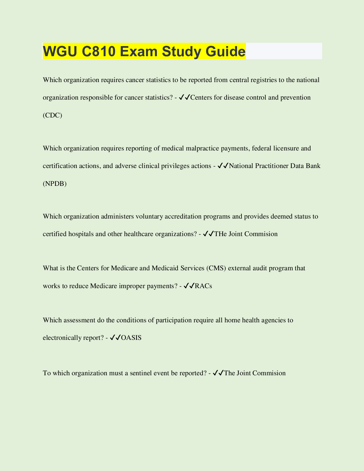 Preview of WGU C810 Exam Study Guide  | 70 Questions with 100% Correct Answers | Verified | Latest Up